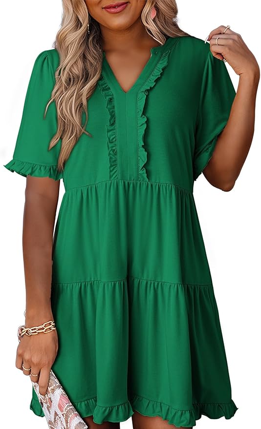 Dokotoo V Neck Tiered Ruffle Mini Swing Tunic Dress